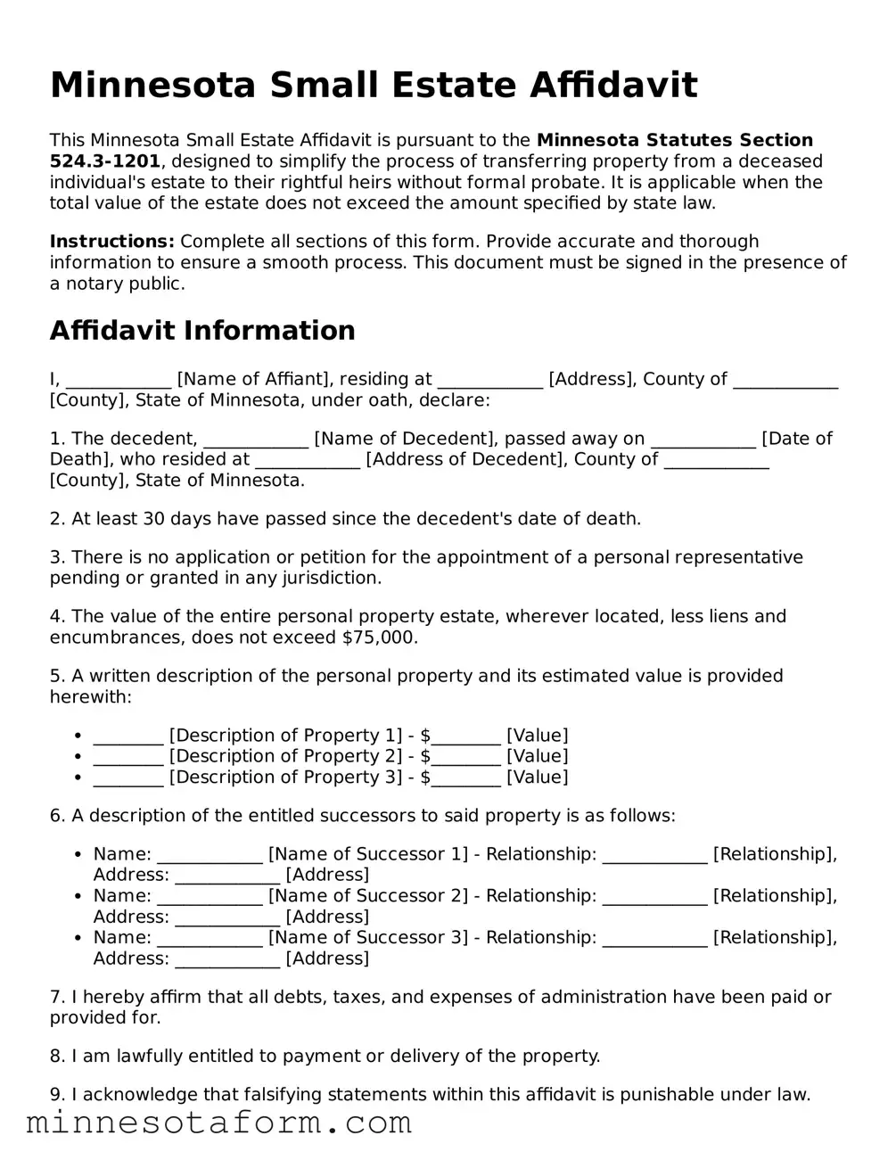 Blank Small Estate Affidavit Template for the State of Minnesota