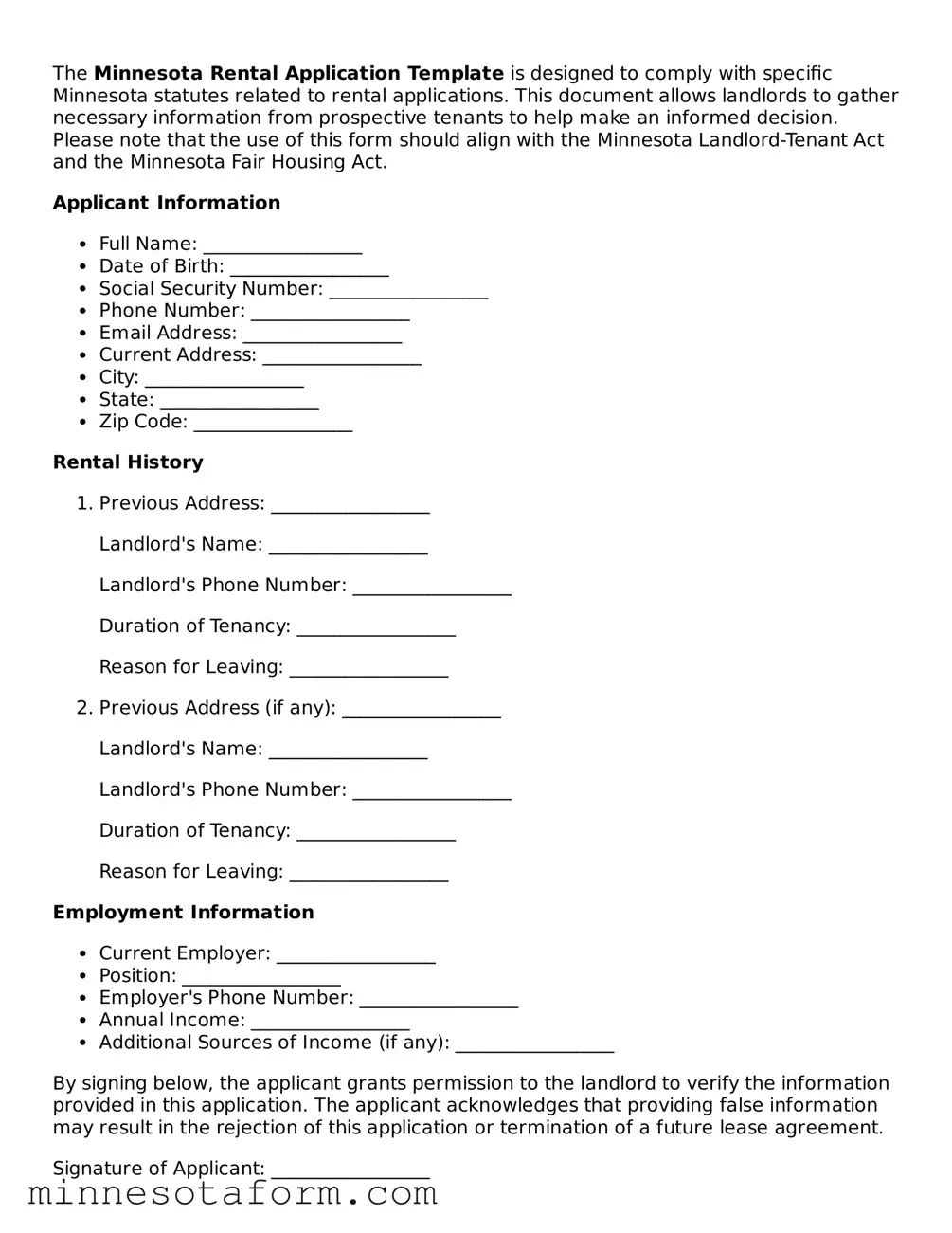 Blank Rental Application Template for the State of Minnesota