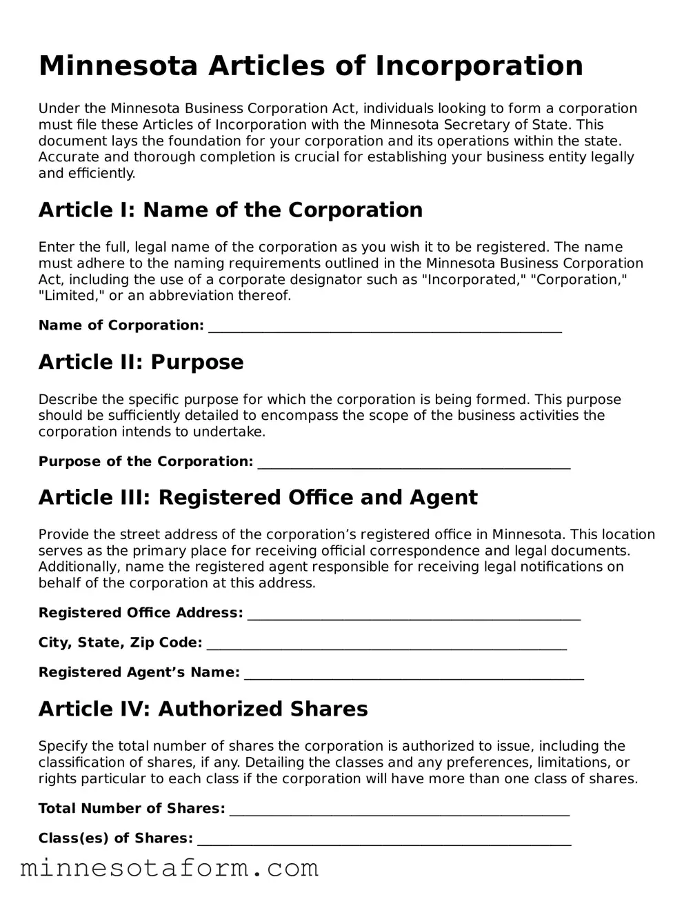 Blank Articles of Incorporation Template for the State of Minnesota