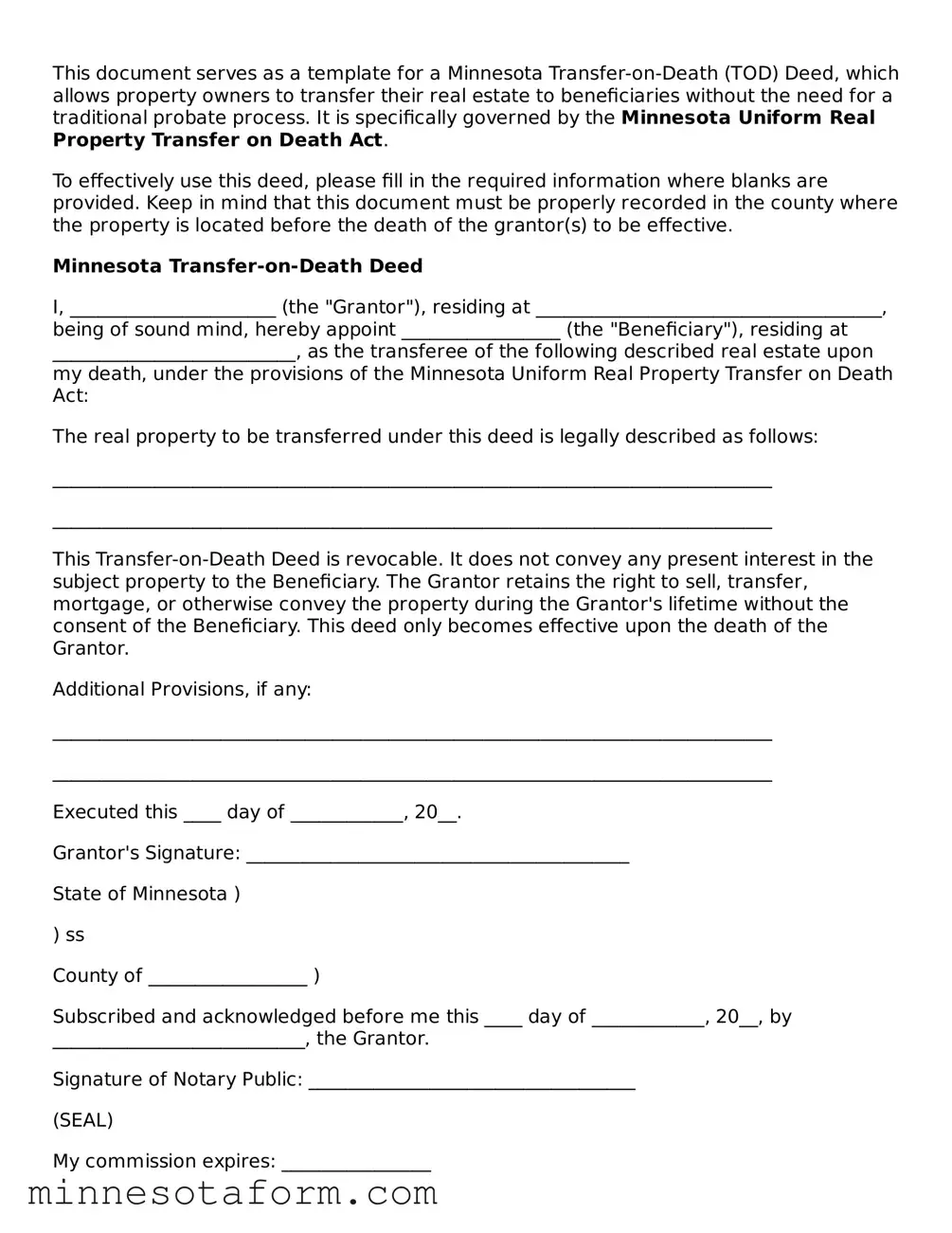 Blank Transfer-on-Death Deed Template for the State of Minnesota