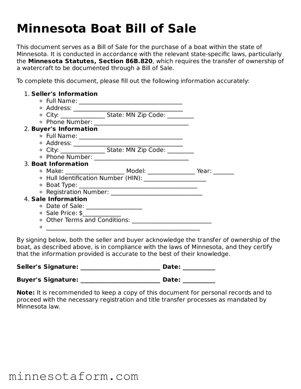 Blank Boat Bill of Sale Template for the State of Minnesota