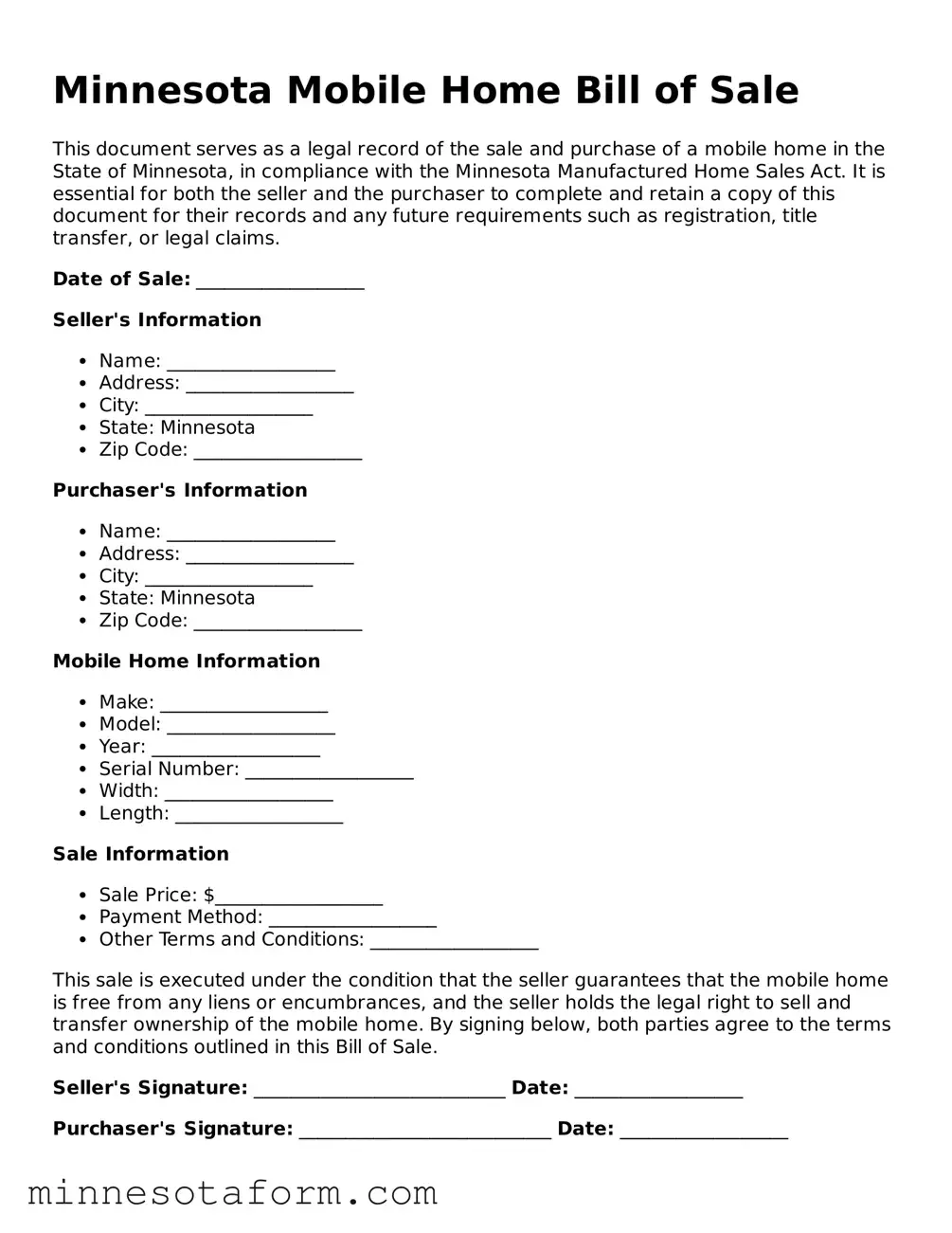 Blank Mobile Home Bill of Sale Template for the State of Minnesota