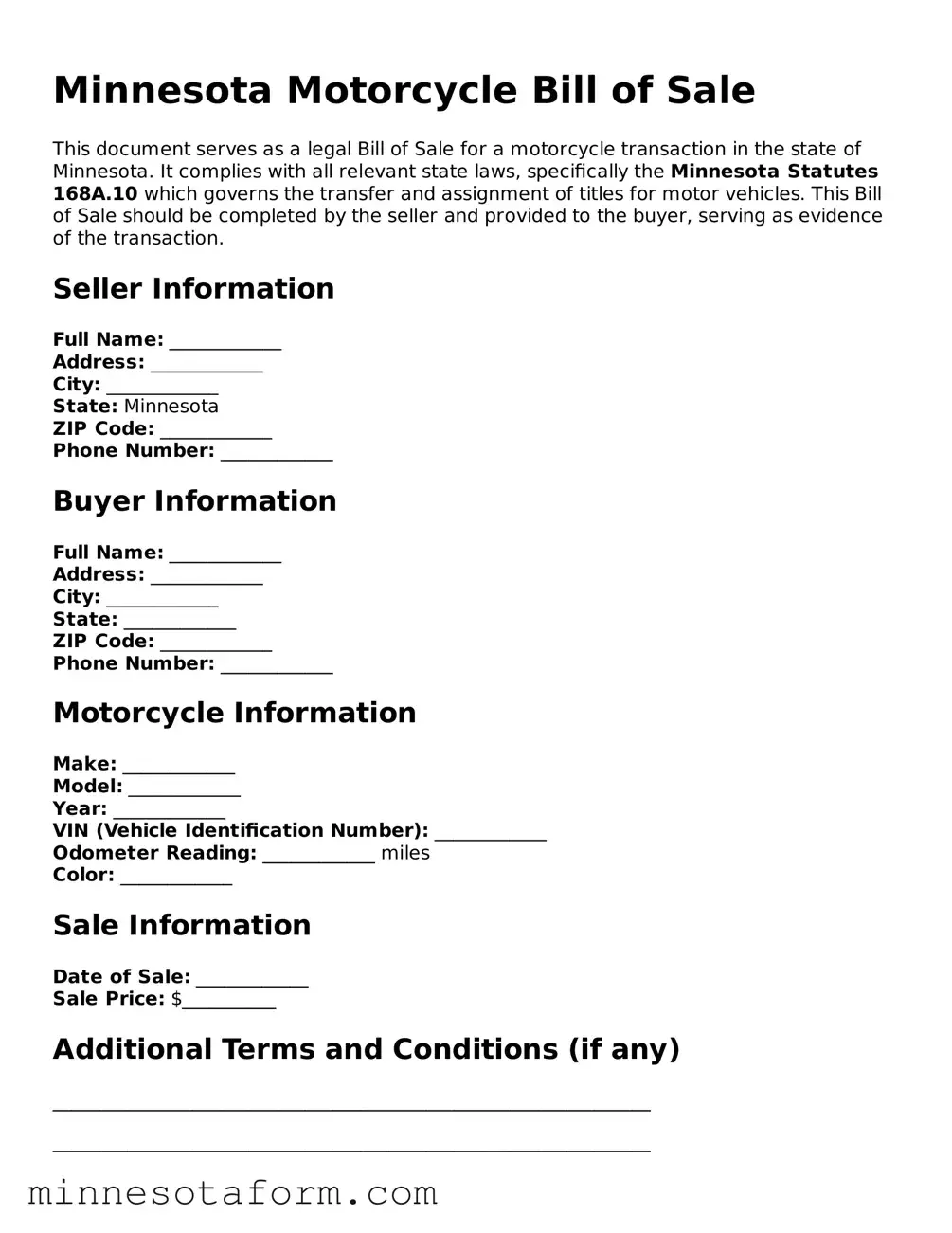 Blank Motorcycle Bill of Sale Template for the State of Minnesota