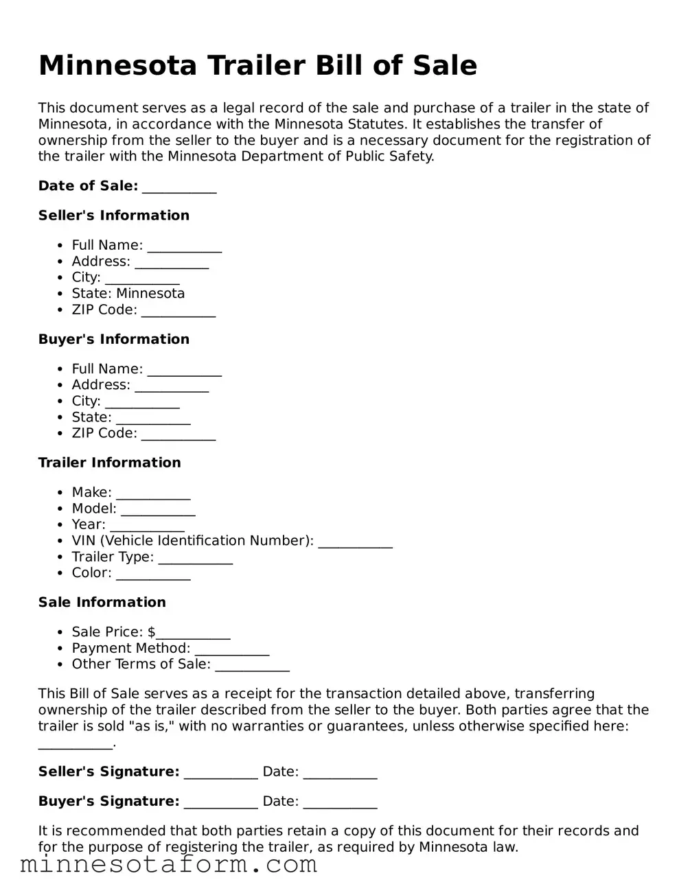 Blank Trailer Bill of Sale Template for the State of Minnesota