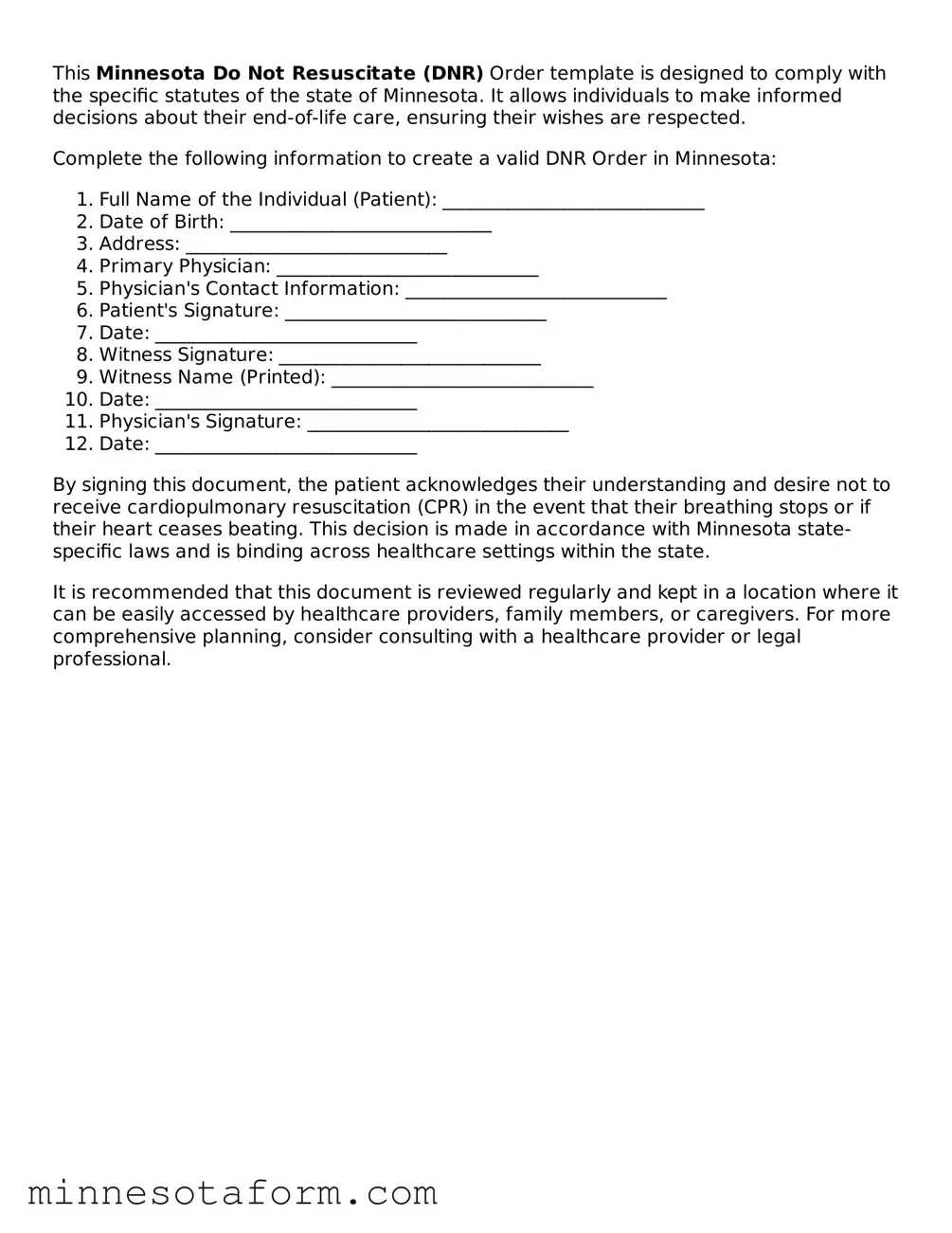 Blank Do Not Resuscitate Order Template for the State of Minnesota