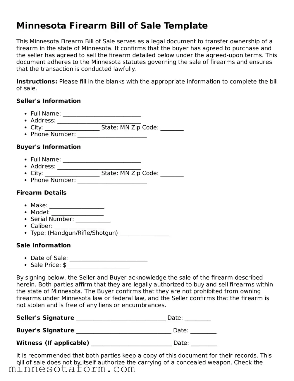 Blank Firearm Bill of Sale Template for the State of Minnesota