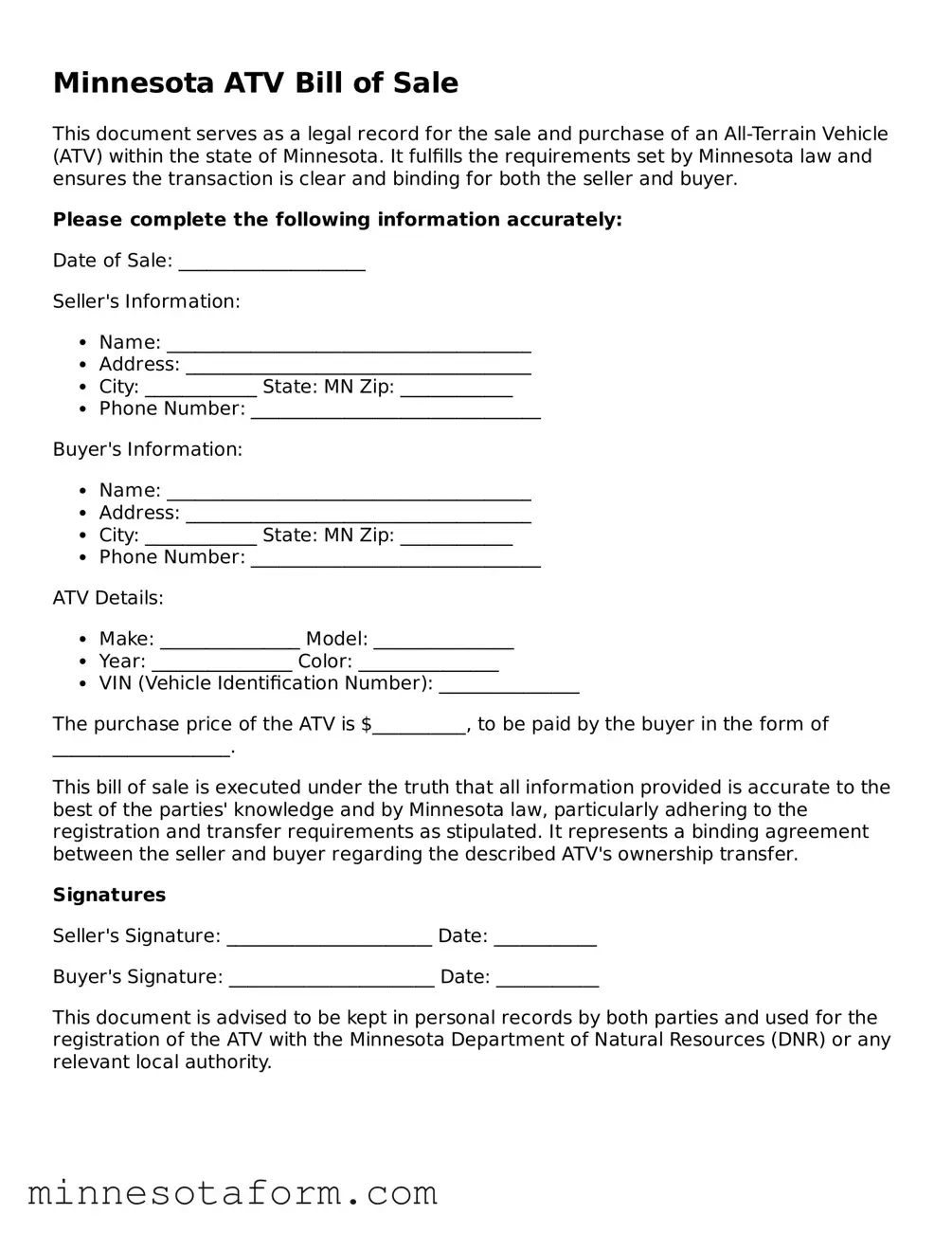 Blank ATV Bill of Sale Template for the State of Minnesota