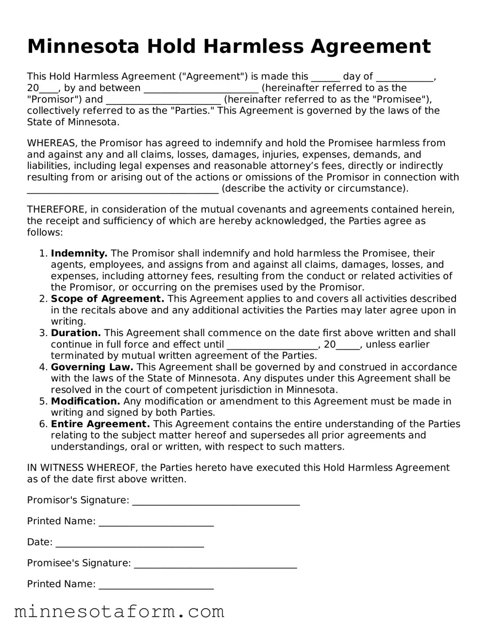 Blank Hold Harmless Agreement Template for the State of Minnesota