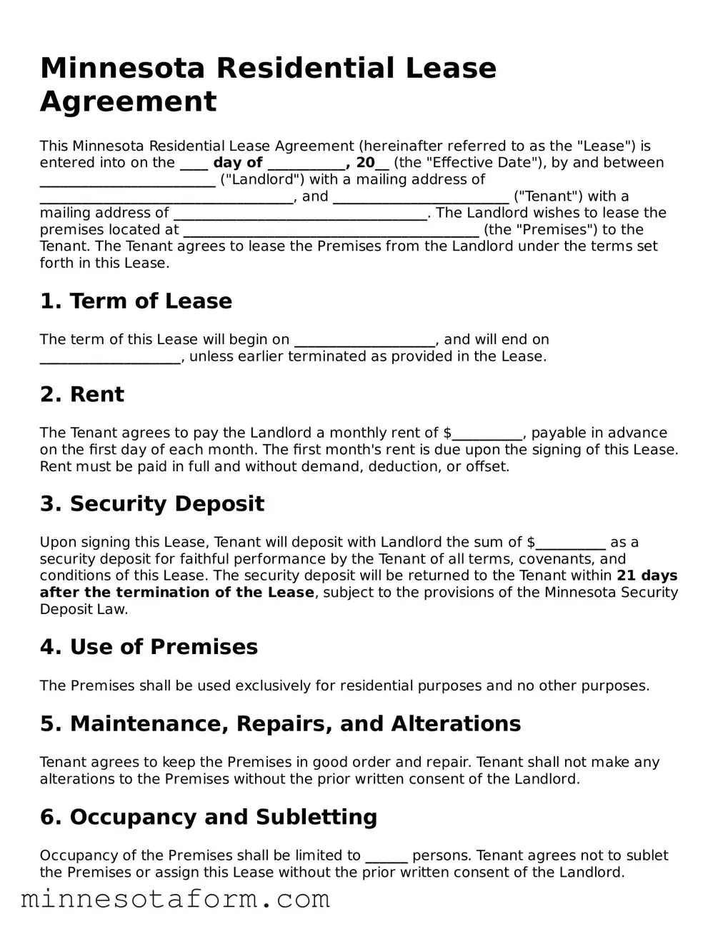 Blank Residential Lease Agreement Template for the State of Minnesota