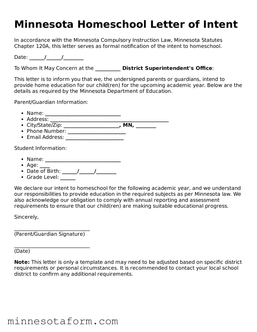 Blank Homeschool Letter of Intent Template for the State of Minnesota
