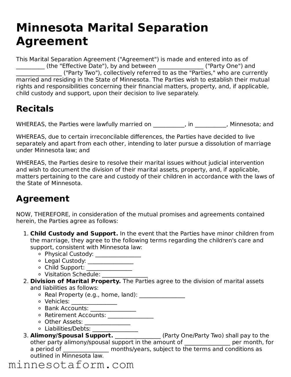 Blank Marital Separation Agreement Template for the State of Minnesota