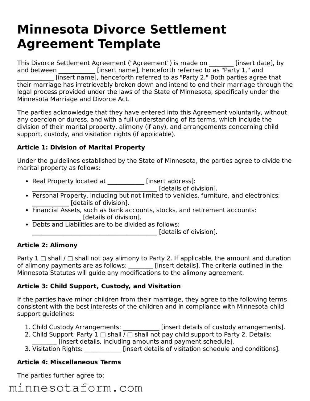 Blank Divorce Settlement Agreement Template for the State of Minnesota