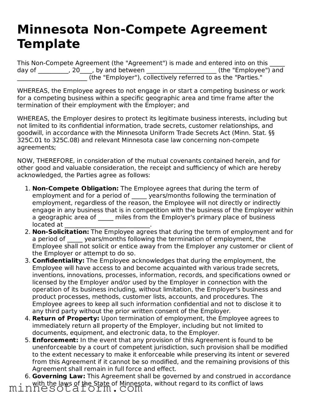 Blank Non-compete Agreement Template for the State of Minnesota