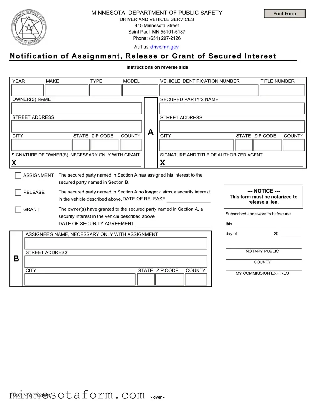 Official Minnesota Notification Of Assignment Form in PDF