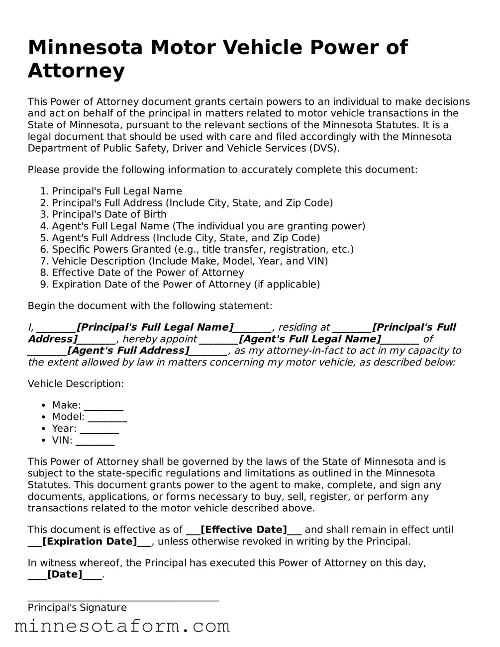 Blank Motor Vehicle Power of Attorney Template for the State of Minnesota