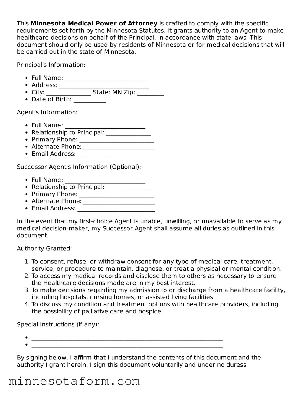 Blank Medical Power of Attorney Template for the State of Minnesota