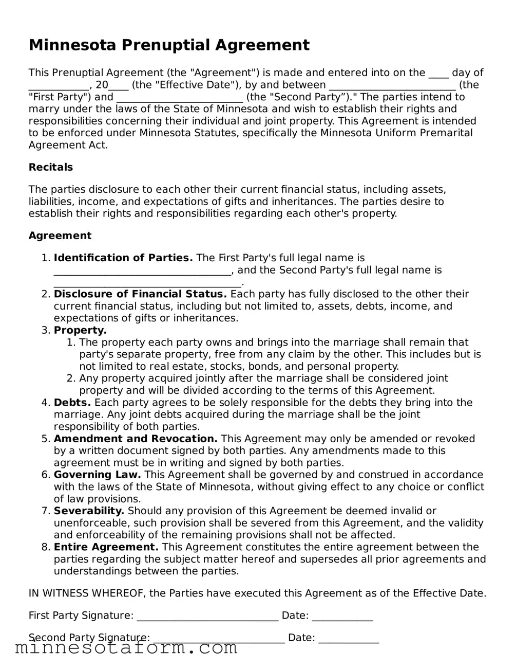 Blank Prenuptial Agreement Template for the State of Minnesota