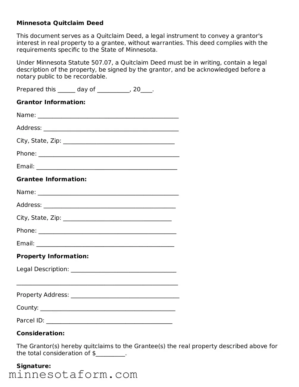 Blank Quitclaim Deed Template for the State of Minnesota