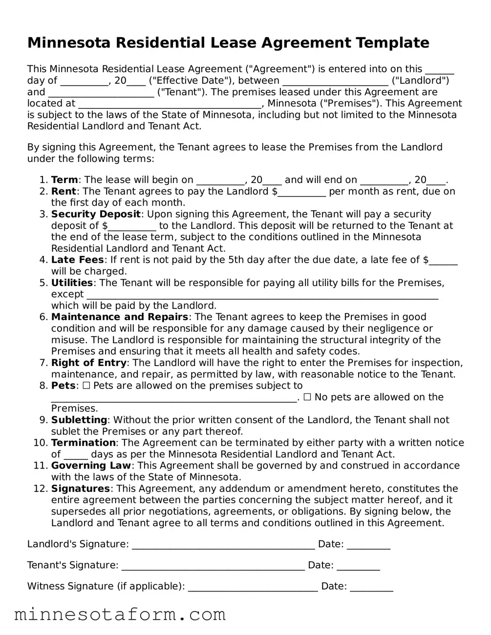 Blank Lease Agreement Template for the State of Minnesota