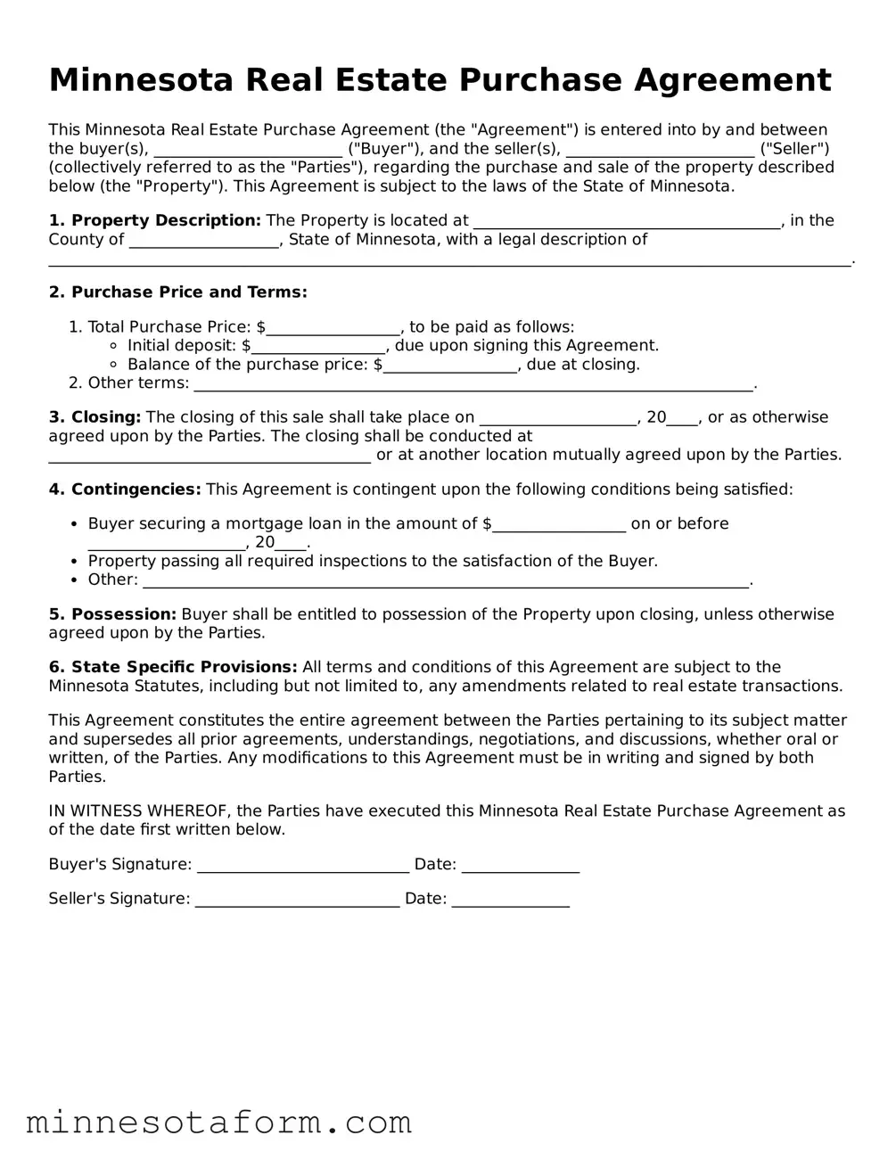Blank Real Estate Purchase Agreement Template for the State of Minnesota