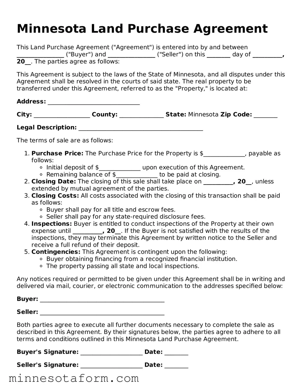 Blank Land Purchase Agreement Template for the State of Minnesota