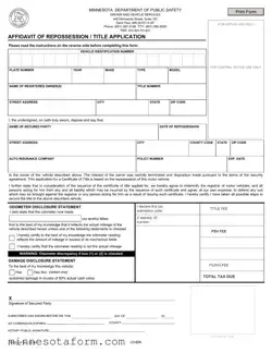 Official Affidavit Of Repossession Minnesota Form in PDF