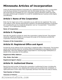 Blank Articles of Incorporation Template for the State of Minnesota