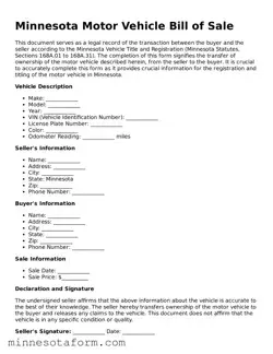 Blank Motor Vehicle Bill of Sale Template for the State of Minnesota