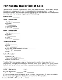 Blank Trailer Bill of Sale Template for the State of Minnesota