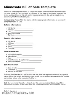 Blank Bill of Sale Template for the State of Minnesota