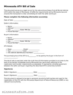 Blank ATV Bill of Sale Template for the State of Minnesota