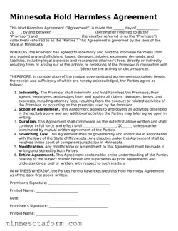Blank Hold Harmless Agreement Template for the State of Minnesota