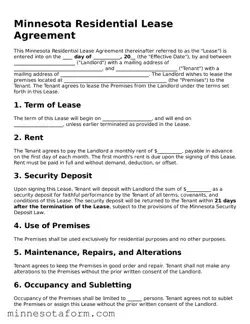 Blank Residential Lease Agreement Template for the State of Minnesota