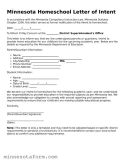 Blank Homeschool Letter of Intent Template for the State of Minnesota