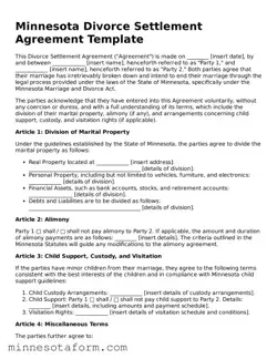 Blank Divorce Settlement Agreement Template for the State of Minnesota