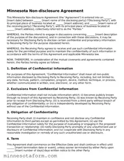 Blank Non-disclosure Agreement Template for the State of Minnesota