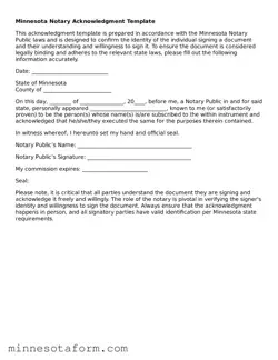 Blank Notary Acknowledgement Template for the State of Minnesota