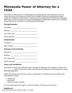 Blank Power of Attorney for a Child Template for the State of Minnesota