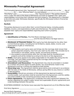 Blank Prenuptial Agreement Template for the State of Minnesota