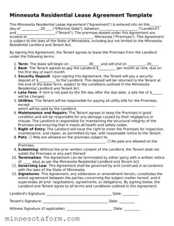 Blank Lease Agreement Template for the State of Minnesota